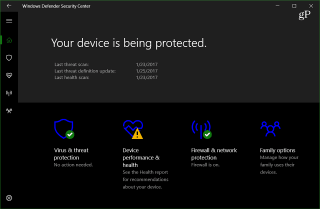 Windows 10 Creators-opdateringsfunktion: Windows Defender Security Center