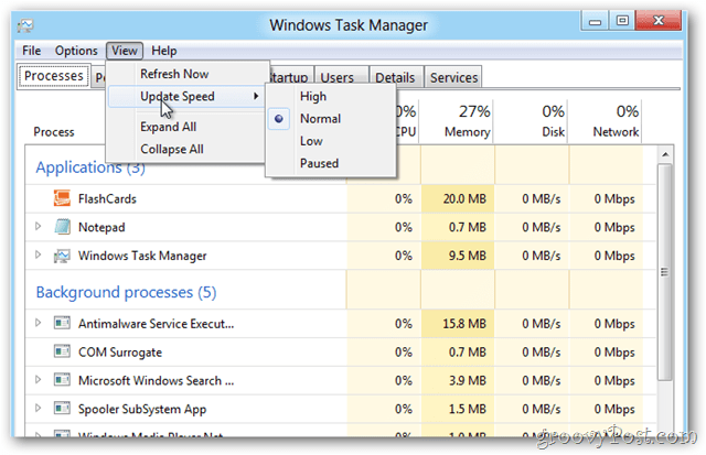 Windows 8 uzdevumu pārvaldnieka skata opcijas