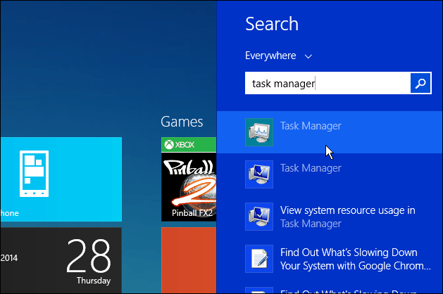 Meklēt uzdevumu pārvaldnieku Windows 8