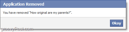 potvrdenie, že aplikácia na Facebooku bola odstránená