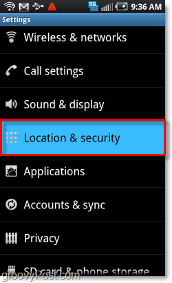 Ort und Sicherheit Menü Android