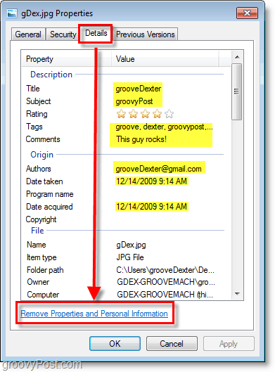 se filoplysninger i windows 7 og klik på fjern egenskaber og personlige oplysninger