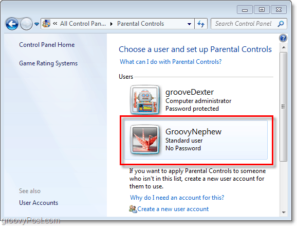 välj en användare att justera föräldrakontrollens egenskaper för i Windows 7