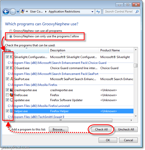 kontrollera användaren kan bara använda de program jag tillåter och klicka sedan på kontrollera alla. gå nu igen och inaktivera programmen du