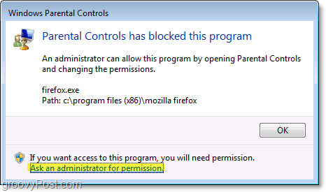 In Windows 7 wird ein Popup-Fenster angezeigt, wenn es durch eine Richtlinie zur Kindersicherung blockiert wird