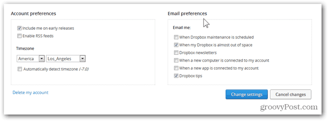 Dropbox configurar preferencias de correo electrónico