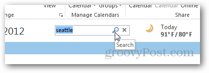 Prehliadka počasia v kalendári programu Outlook 2013 - Zadajte mesto a vyhľadávanie