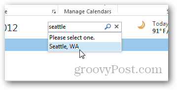 Prehliadka počasia v kalendári programu Outlook 2013 - Vyberte si mesto