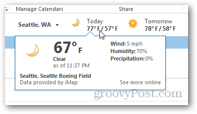 Prehliadka počasia v kalendári programu Outlook 2013 - dnes kontextové informácie