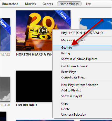 Klicka på få info för att uppdatera video i iTunes