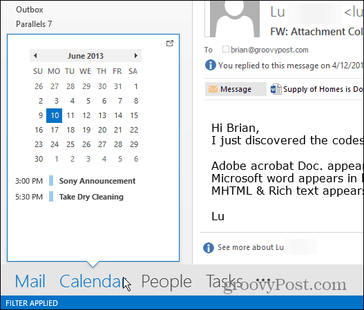 Consejo de Outlook 2013: mira tu calendario mientras estás en el correo