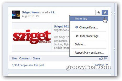 pages facebook épingler au menu supérieur