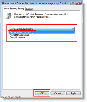 การควบคุมบัญชีผู้ใช้: พฤติกรรมของพรอมต์การยกระดับสำหรับผู้ดูแลระบบตั้งค่าการยกระดับโดยไม่ต้องแจ้ง
