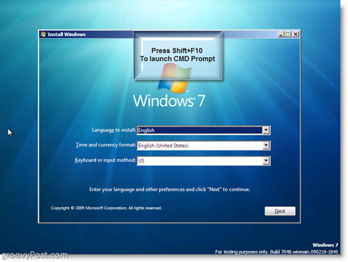 Instalação do Windows 7 - Inicie o Prompt do CMD usando Shift + F10