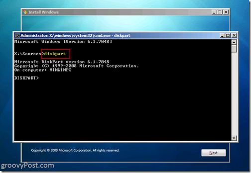 Windows 7 Native VHD Instalar Dual Boot Launch Diskpart 6.1.7048 do CMD Prompt para criar o arquivo VHD