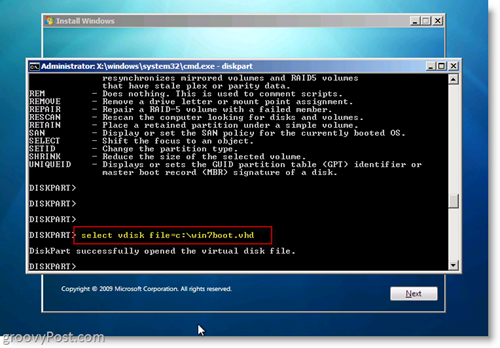 Windows 7 Native VHD Instalar Dual Boot Selecione VHD no CMD Prompt