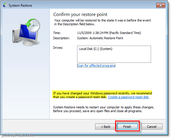 hogyan lehet megerősíteni, hogy visszaállítja a Windows 7-et egy visszaállítási ponttal, és hogyan lehet létrehozni a jelszó-visszaállítási lemezt