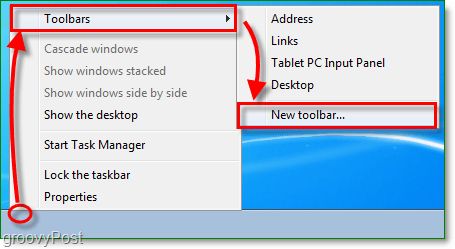 Open het contextmenu van de taakbalk en selecteer werkbalken en vervolgens nieuwe werkbalk ...