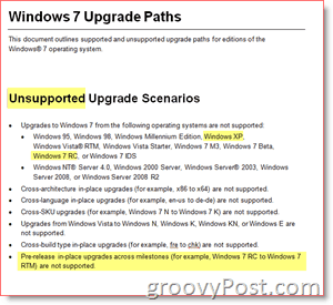 Caminhos de atualização não suportados para Windows 7