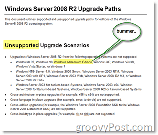 Caminhos de atualização sem suporte do Windows Server 2008 R2