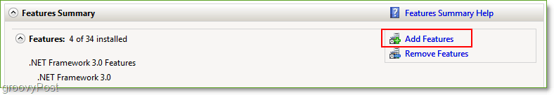 Skärmdump - Windows Server 2008 Lägg till funktioner-knapp