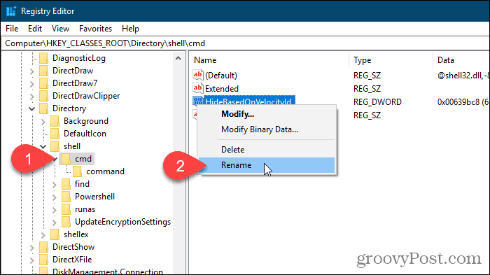 Windows 레지스트리 편집기에서 HideBasedOnVelocityId 값으로 이름 바꾸기를 선택하십시오.