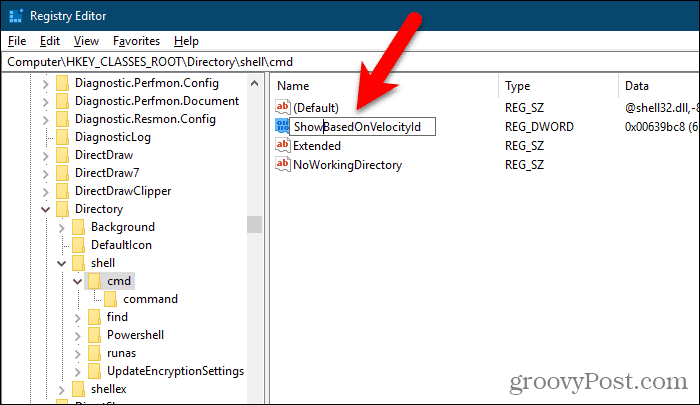 Nimeä HideBasedOnVelocityId-arvo nimeksi ShowBasedOnVelocityId Windowsin rekisterieditorissa