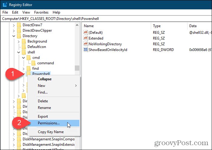 Windows 레지스트리 편집기에서 Powershell 키에 대한 권한을 선택하십시오.