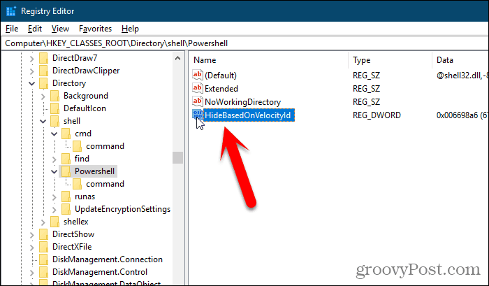 Nimeä ShowBasedOnVelocityId-avain uudelleen Windowsin rekisteri Editorissa