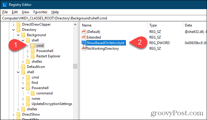 Nimeä taustan cmd HideBasedOnVelocityId-arvo Windowsin rekisterieditorissa