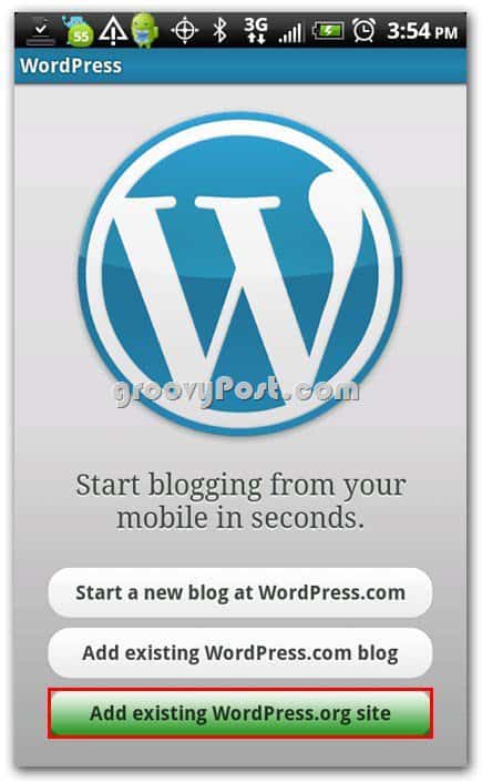 Wordpress op Android Setup-menu - Bestaande website toevoegen